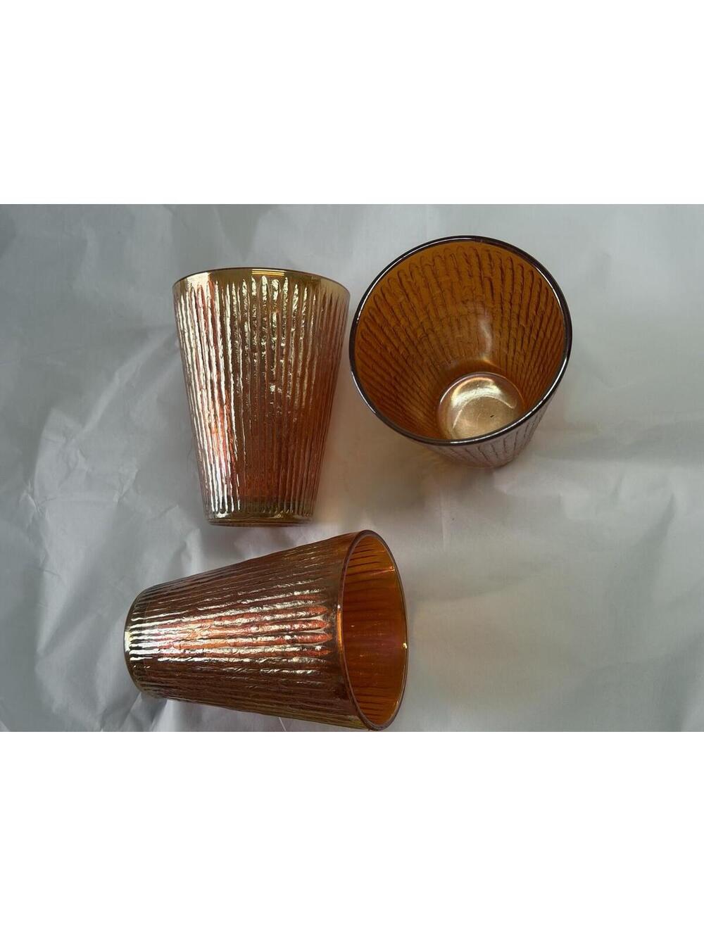 Set of Three Marigold Carnival Glass Tumblers Ribbed Iridescent